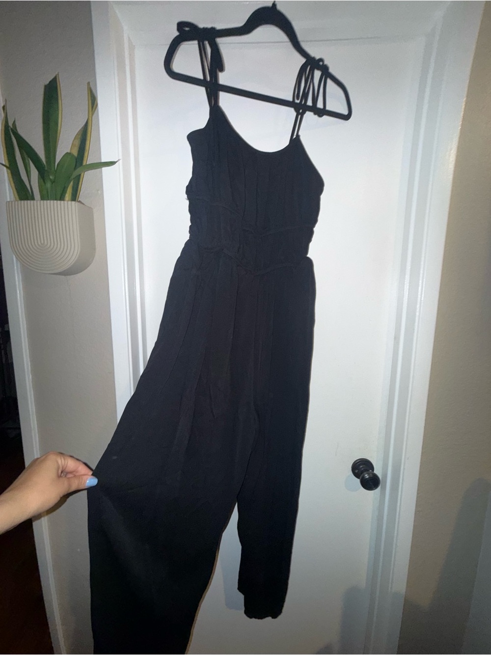 Black Sleeveless Wide-Leg Jumpsuit with Adjustable Tie Straps